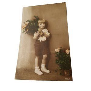 RPPC Adopt-an-Ancestor Cute Little Boy Carrying a Vase of Flowers 1923 Vintage